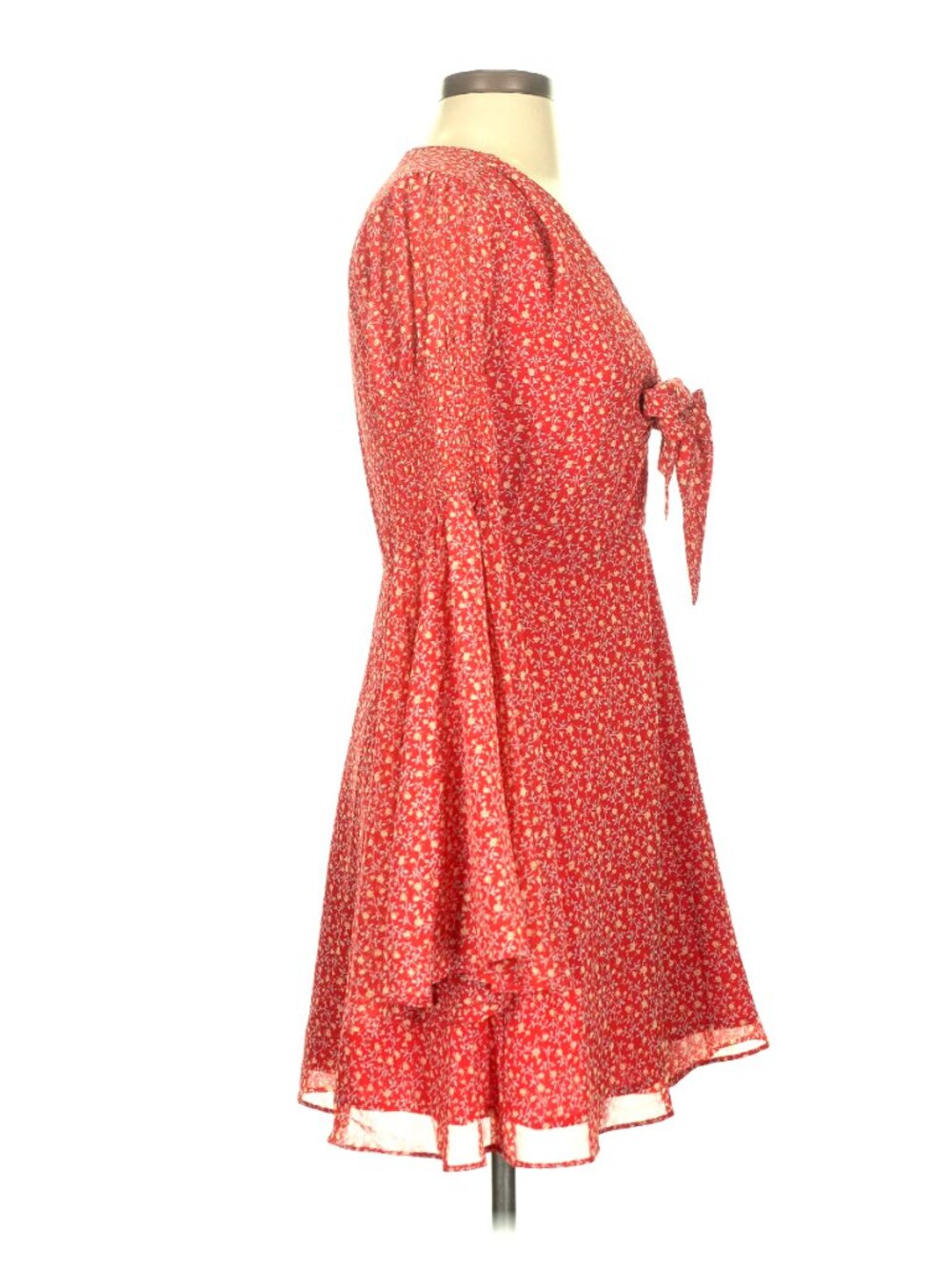 Vici Collection "Desiree" Red/Orange Floral Bell Sleeve Tie-Front Dress - Picture 7 of 13